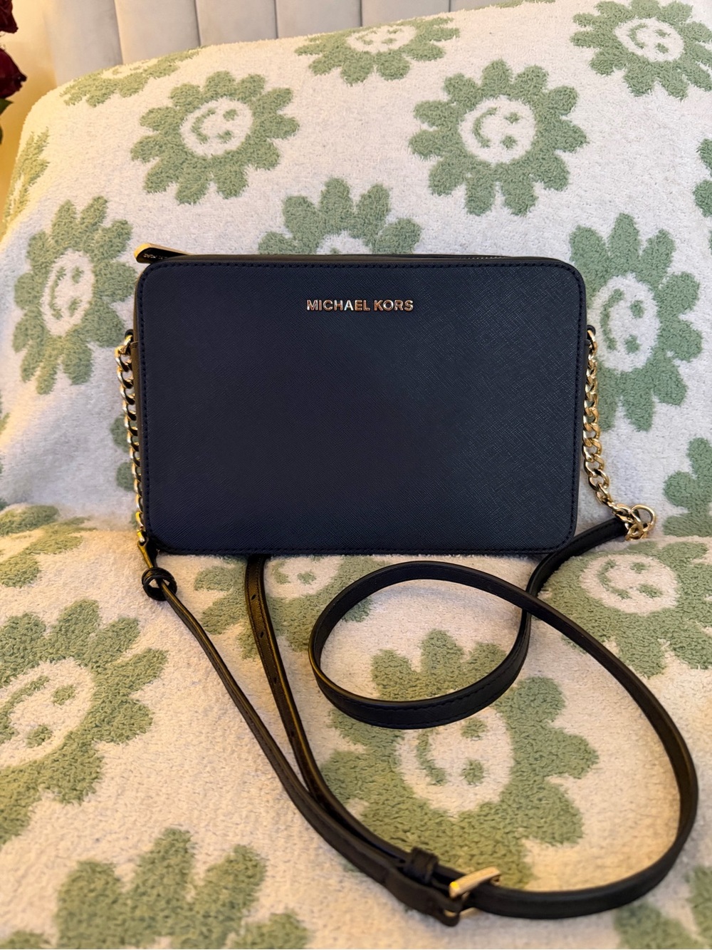 MICHAEL KORS Navy Saffiano Crossbody with Gold Chain